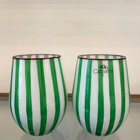 Cabana Green Striped Stemless Wine Glasses 17oz Set of 2 Holiday BarwareNEW - Picture 5 of 12
